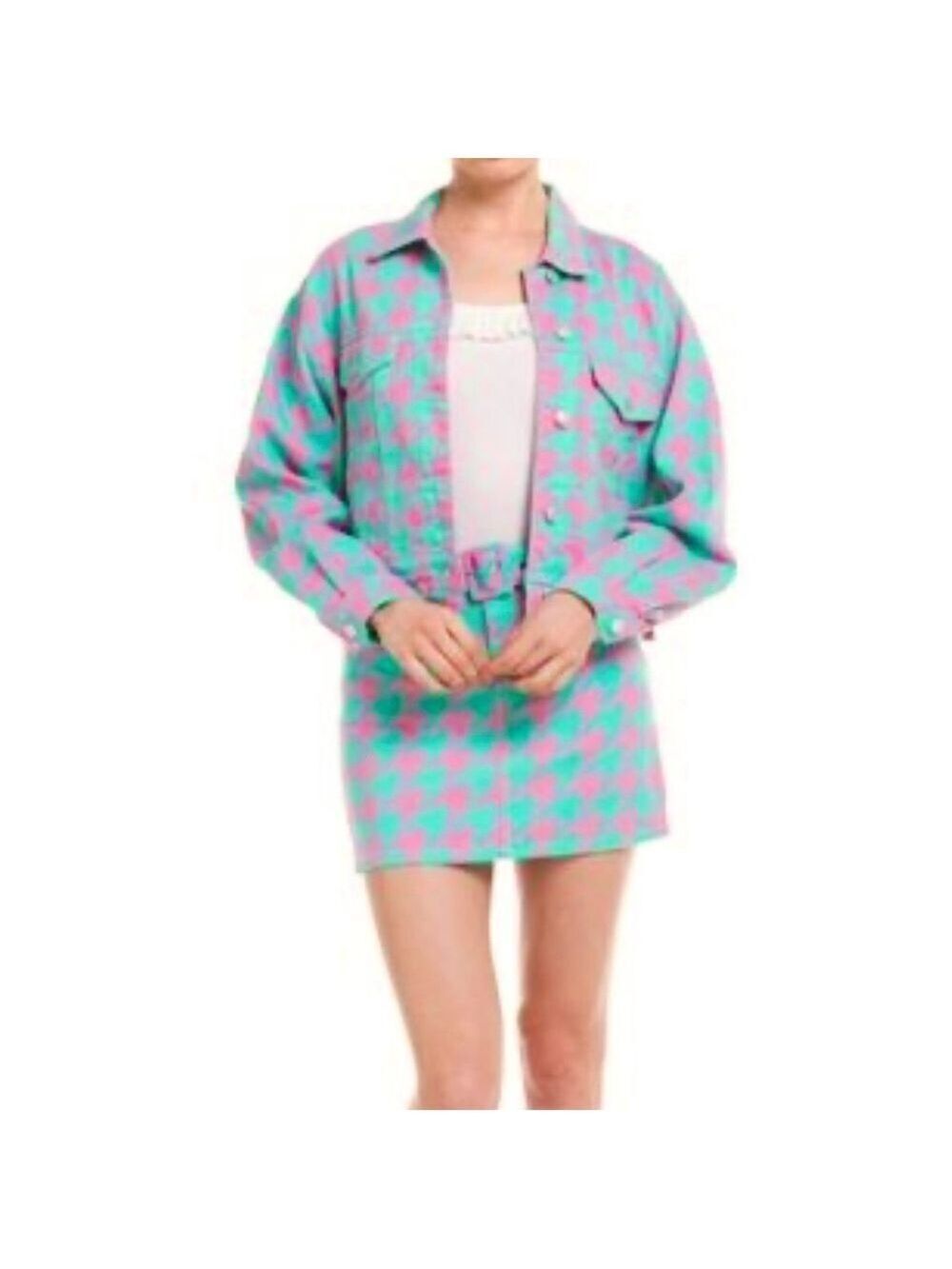 Signature 8 aqua pink houndstooth check belted denim mini skirt M